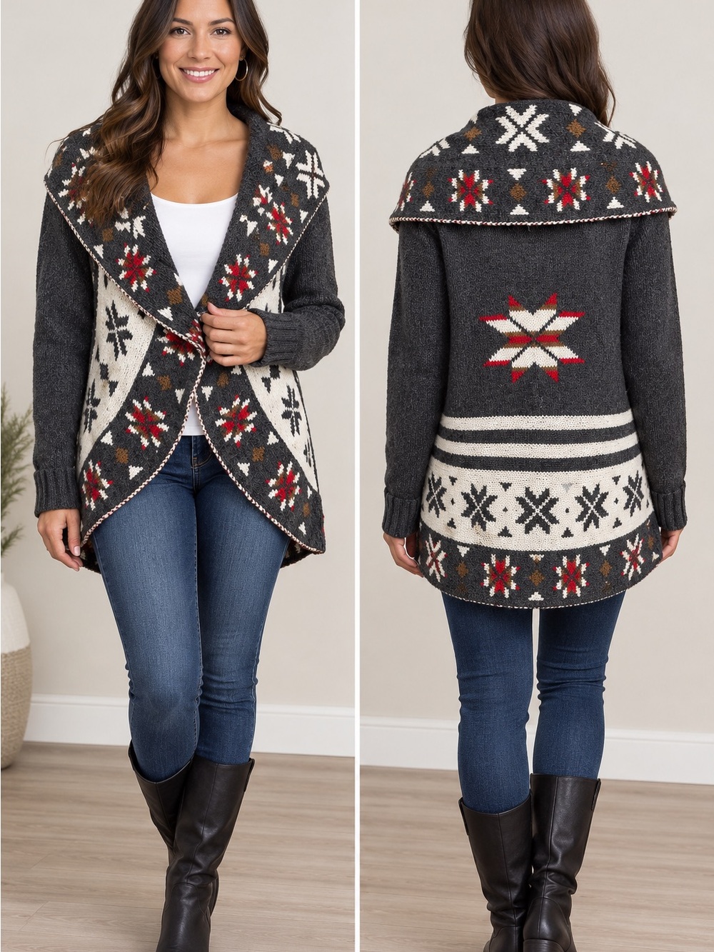 Tribal Geometric Fair Isle Shawl-Collar Cardigan size M